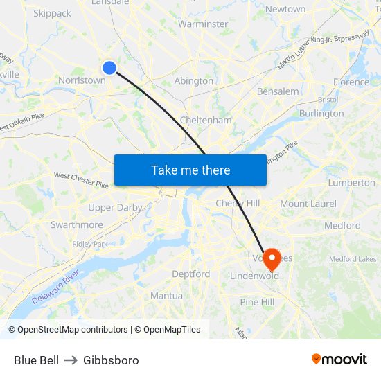 Blue Bell to Gibbsboro map