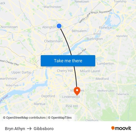 Bryn Athyn to Gibbsboro map