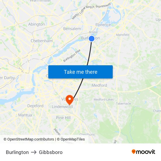 Burlington to Gibbsboro map