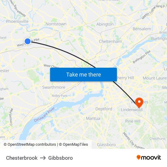 Chesterbrook to Gibbsboro map