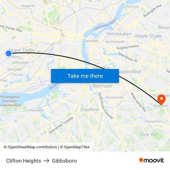 Clifton Heights to Gibbsboro map