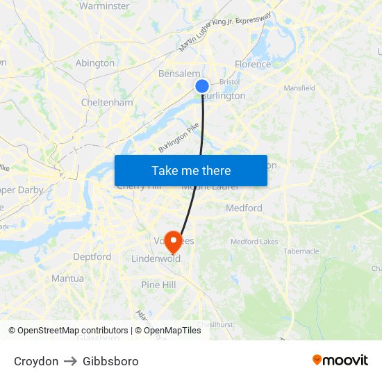 Croydon to Gibbsboro map