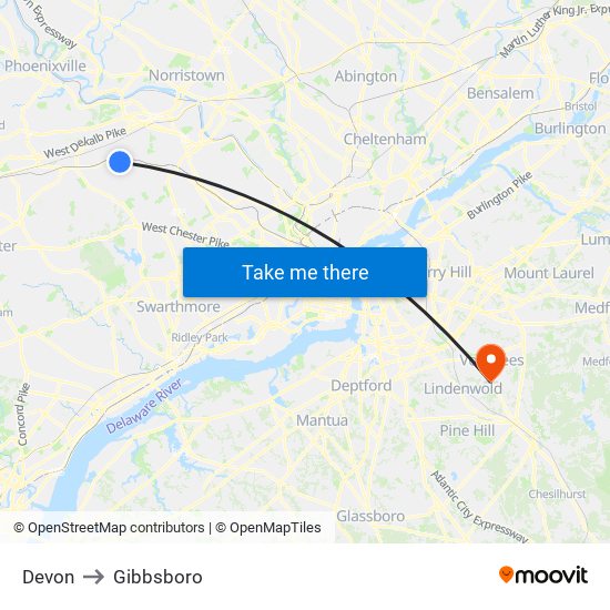 Devon to Gibbsboro map