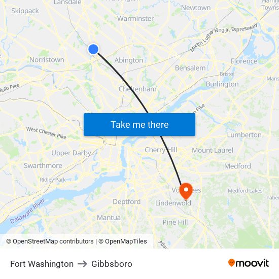 Fort Washington to Gibbsboro map
