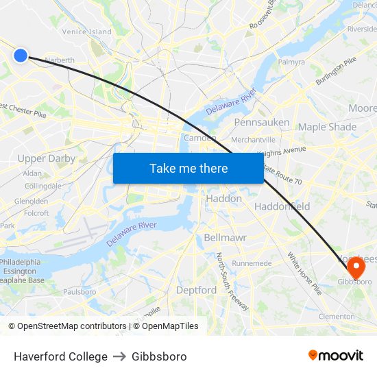 Haverford College to Gibbsboro map