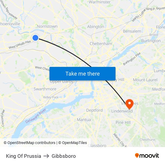 King Of Prussia to Gibbsboro map