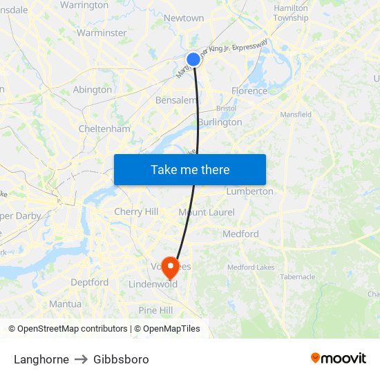 Langhorne to Gibbsboro map