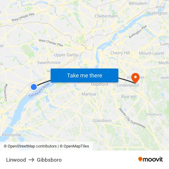 Linwood to Gibbsboro map