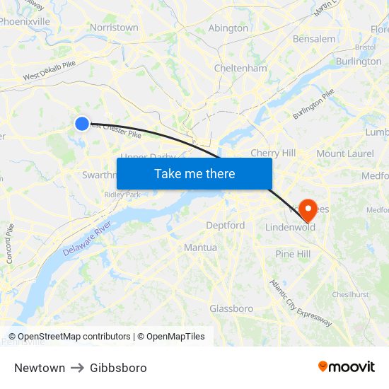 Newtown to Gibbsboro map