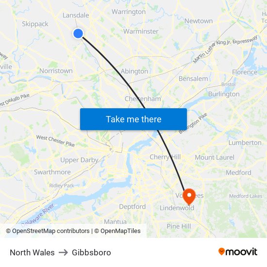 North Wales to Gibbsboro map