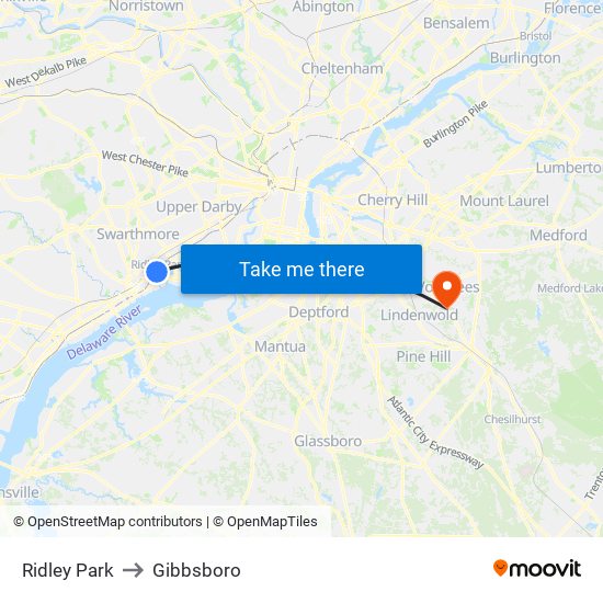 Ridley Park to Gibbsboro map