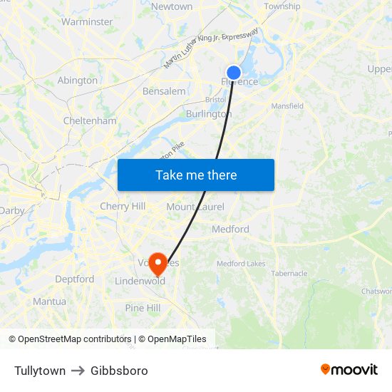 Tullytown to Gibbsboro map