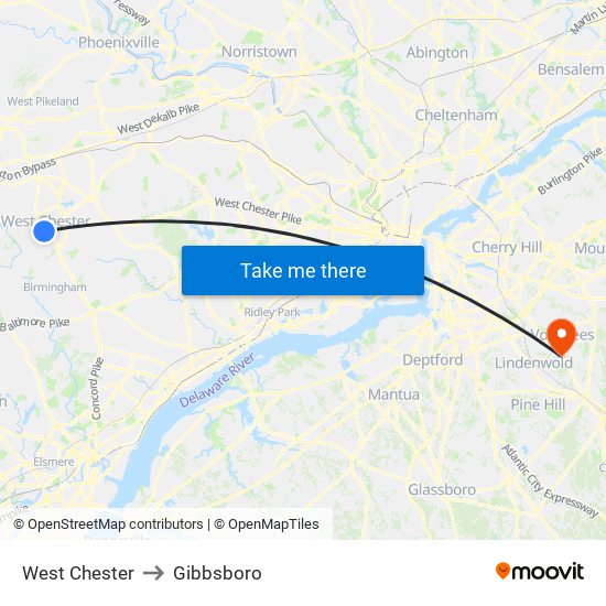 West Chester to Gibbsboro map