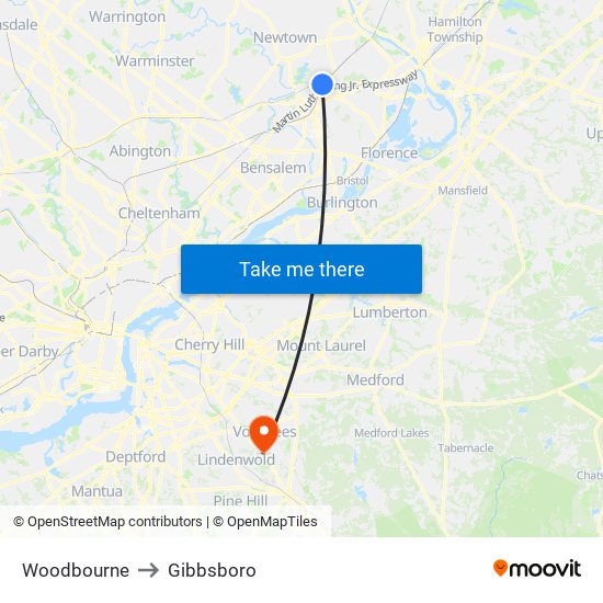 Woodbourne to Gibbsboro map