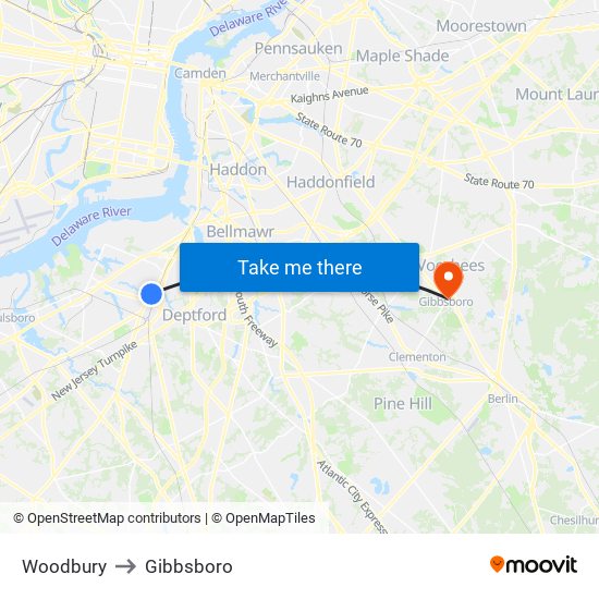 Woodbury to Gibbsboro map
