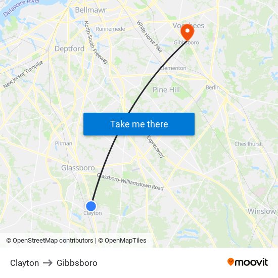 Clayton to Gibbsboro map