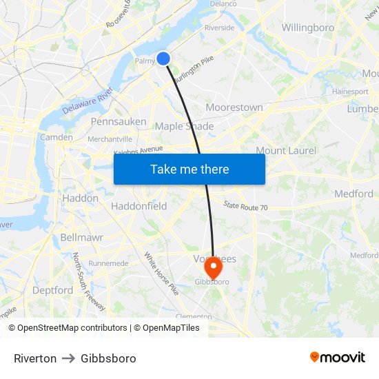 Riverton to Gibbsboro map