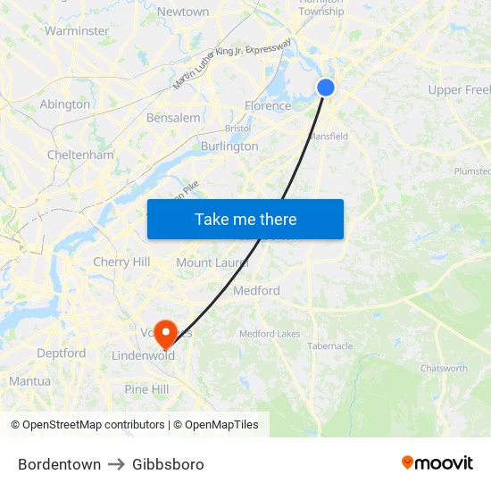 Bordentown to Gibbsboro map