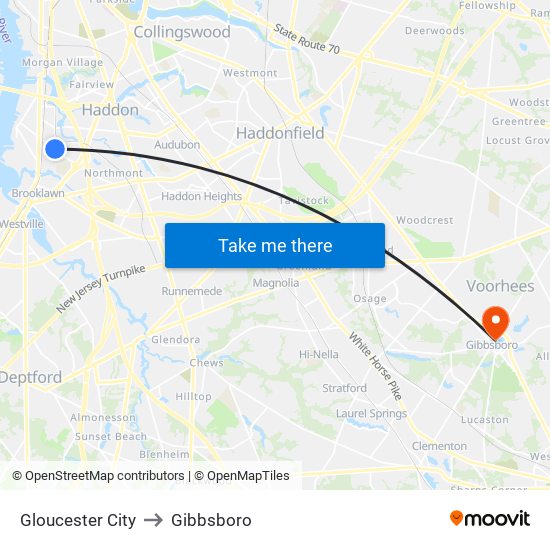 Gloucester City to Gibbsboro map