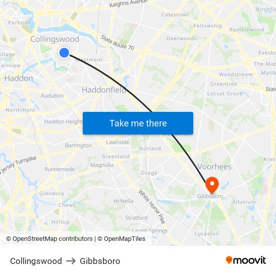 Collingswood to Gibbsboro map