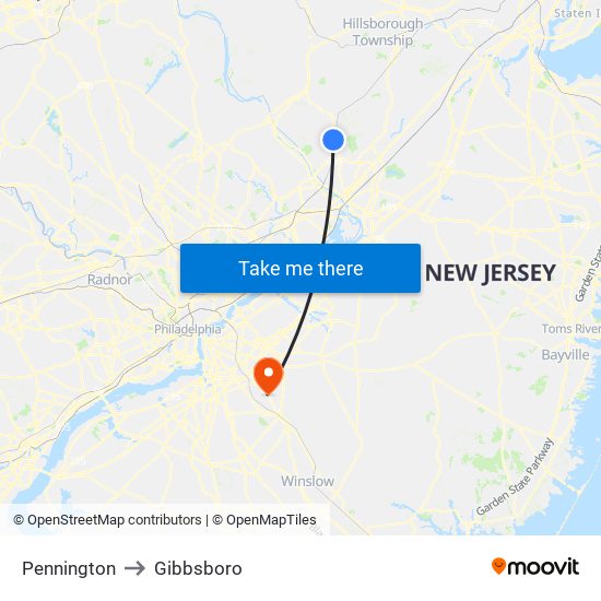 Pennington to Gibbsboro map