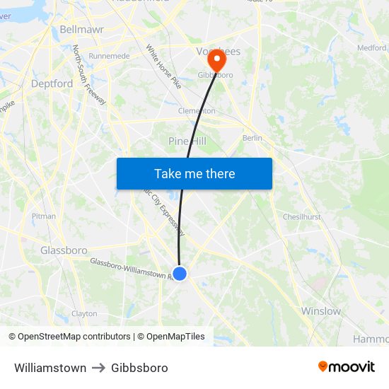 Williamstown to Gibbsboro map
