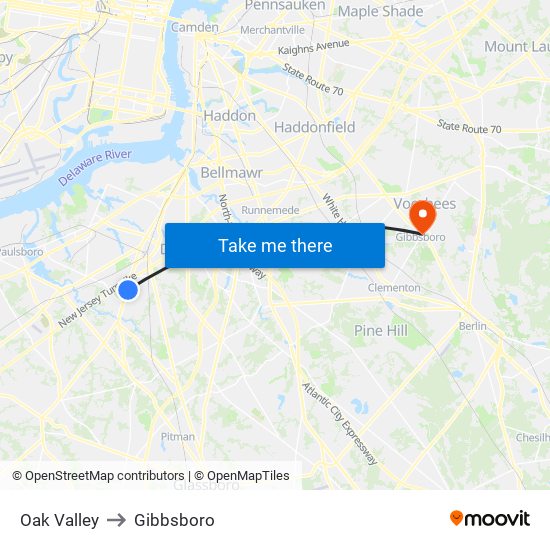 Oak Valley to Gibbsboro map