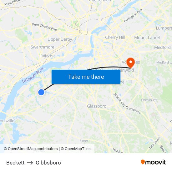 Beckett to Gibbsboro map