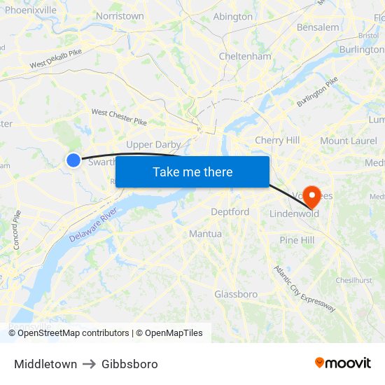 Middletown to Gibbsboro map