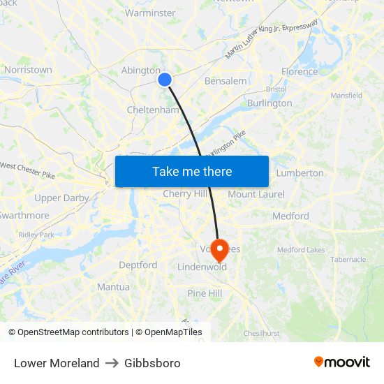 Lower Moreland to Gibbsboro map