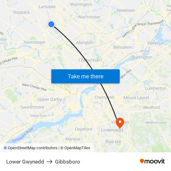 Lower Gwynedd to Gibbsboro map