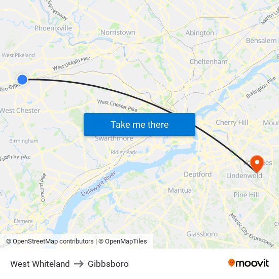 West Whiteland to Gibbsboro map