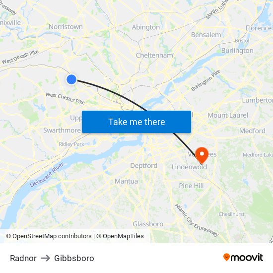 Radnor to Gibbsboro map