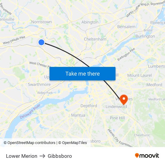 Lower Merion to Gibbsboro map