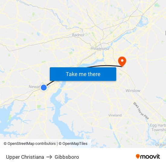Upper Christiana to Gibbsboro map