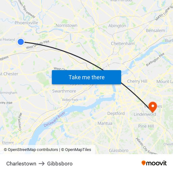 Charlestown to Gibbsboro map