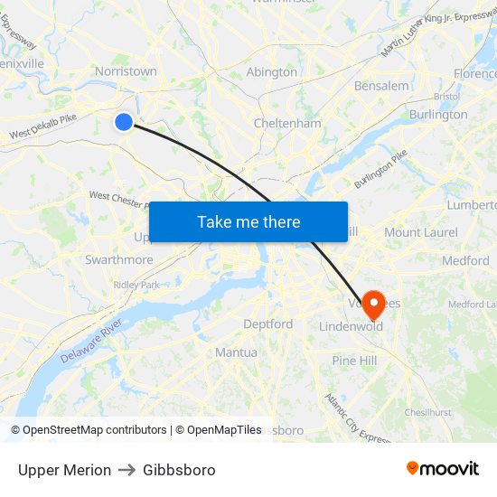 Upper Merion to Gibbsboro map