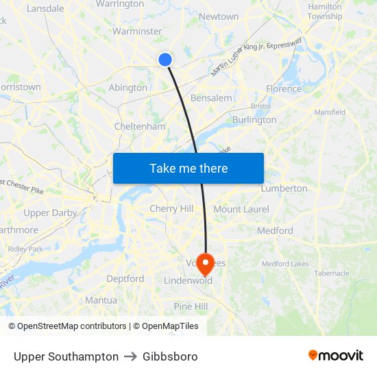 Upper Southampton to Gibbsboro map