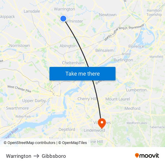 Warrington to Gibbsboro map