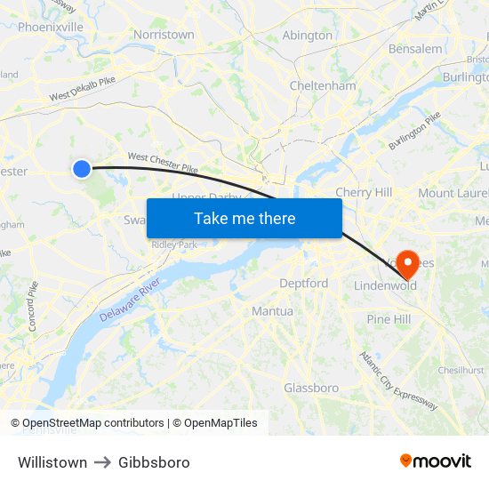 Willistown to Gibbsboro map