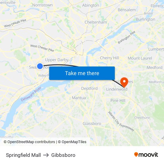 Springfield Mall to Gibbsboro map