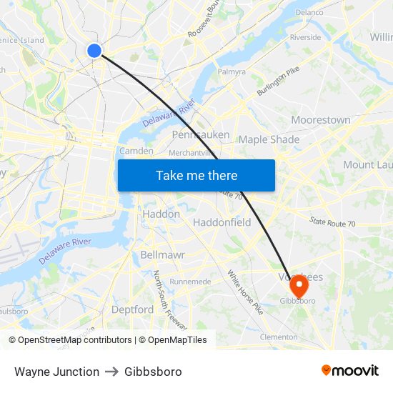 Wayne Junction to Gibbsboro map