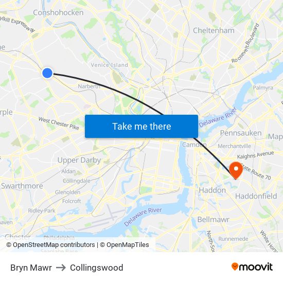 Bryn Mawr to Collingswood map