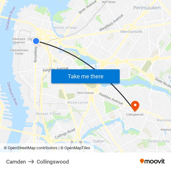 Camden to Collingswood map