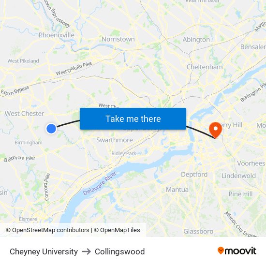 Cheyney University to Collingswood map