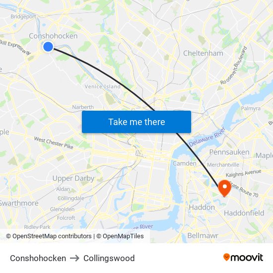 Conshohocken to Collingswood map