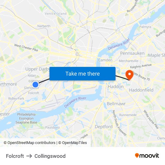 Folcroft to Collingswood map