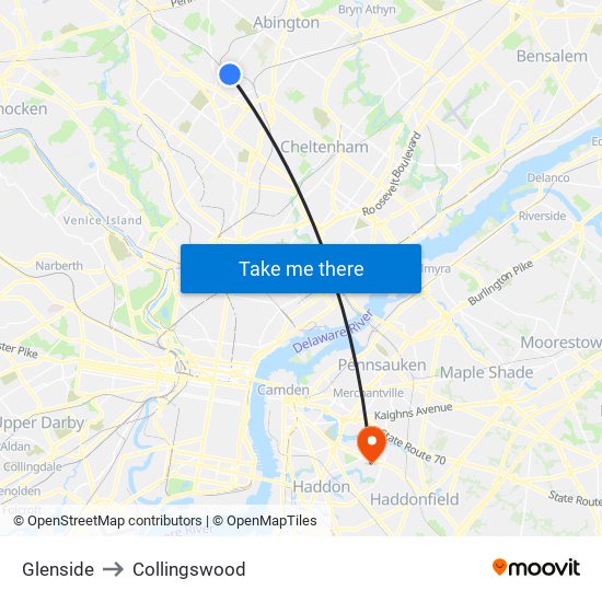 Glenside to Collingswood map