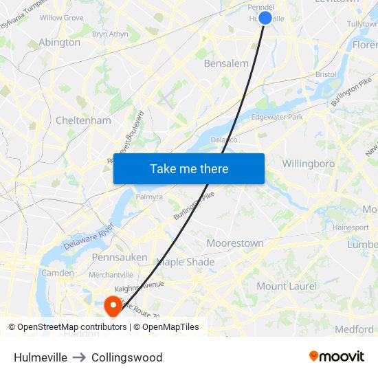 Hulmeville to Collingswood map