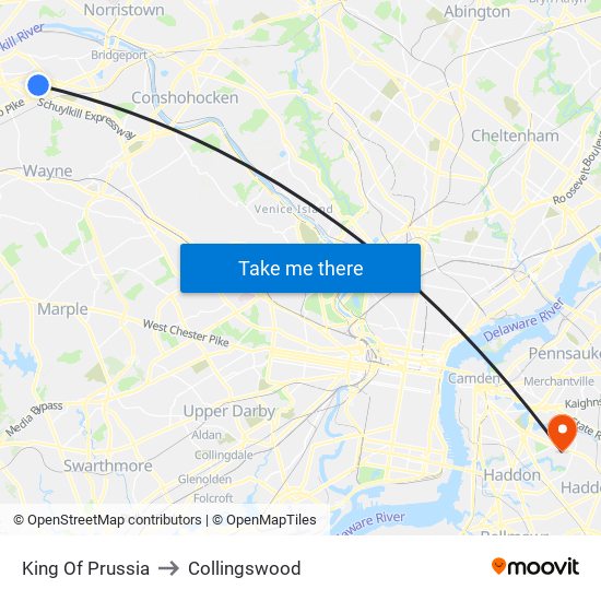 King Of Prussia to Collingswood map